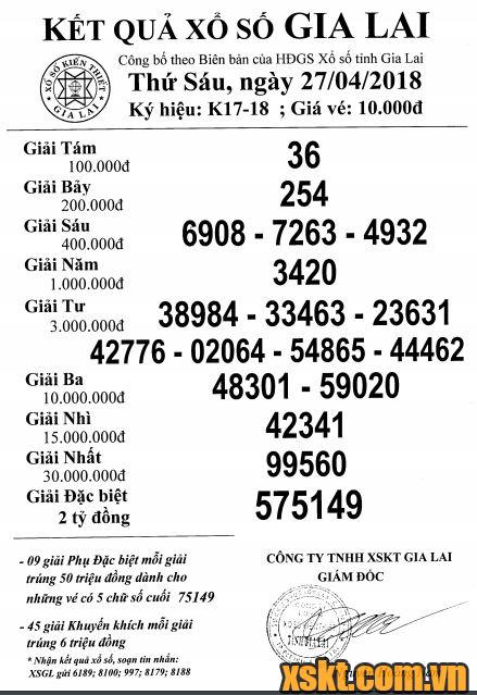 XSGL ngày 27/4/2018