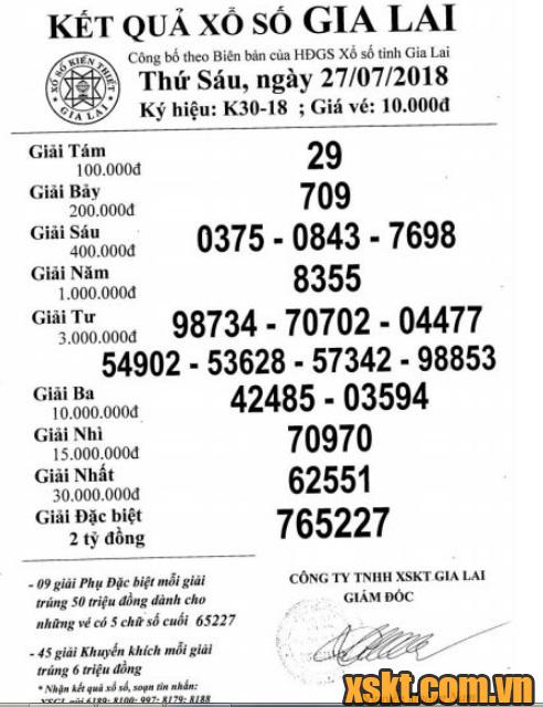 XSGL ngày 27/7/2018