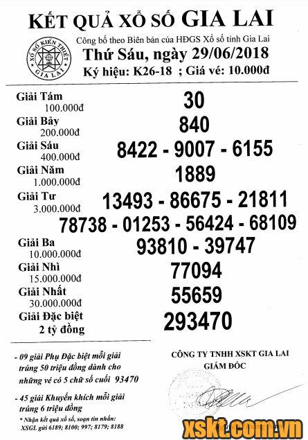 XSGL ngày 29/6/2018