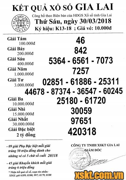 XSGL ngày 30/3/2018