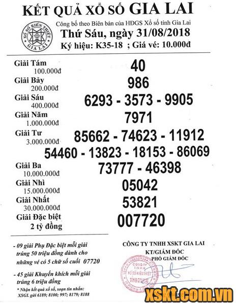 XSGL ngày 31/8/2018