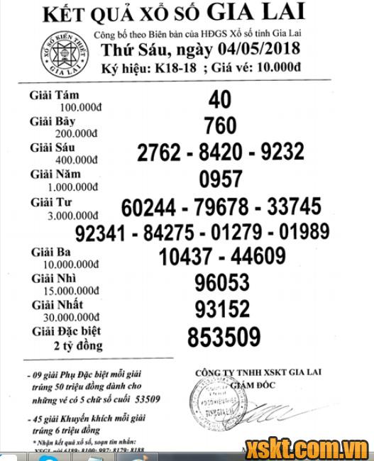 XSGL ngày 4/5/2018