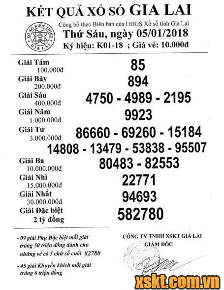 XSGL ngày 5/1/2018