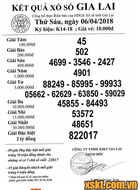 XSGL ngày 6/4/2018