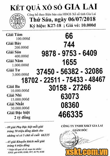 XSGL ngày 6/7/2018