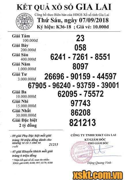XSGL ngày 7/9/2018