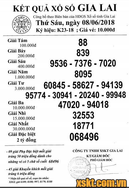 XSGL ngày 8/6/2018
