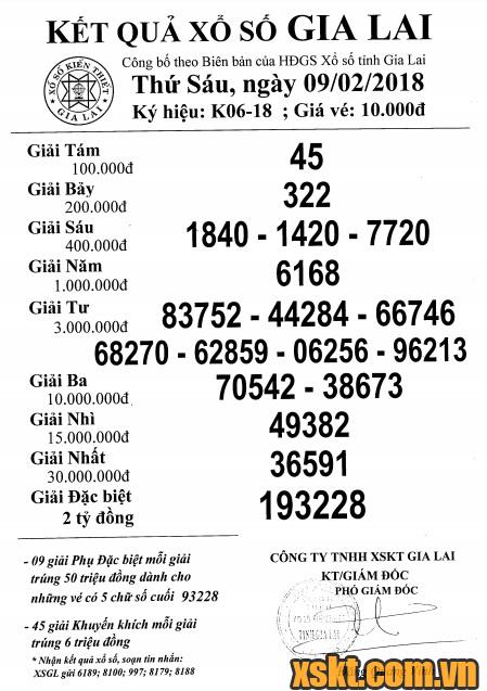 XSGL ngày 9/2/2018