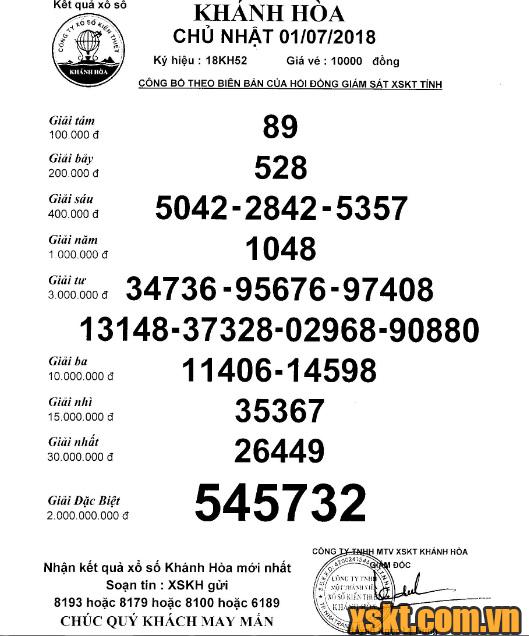 XSKH ngày 1/7/2018