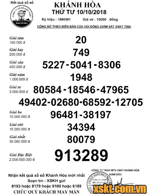XSKH ngày 10/10/2018