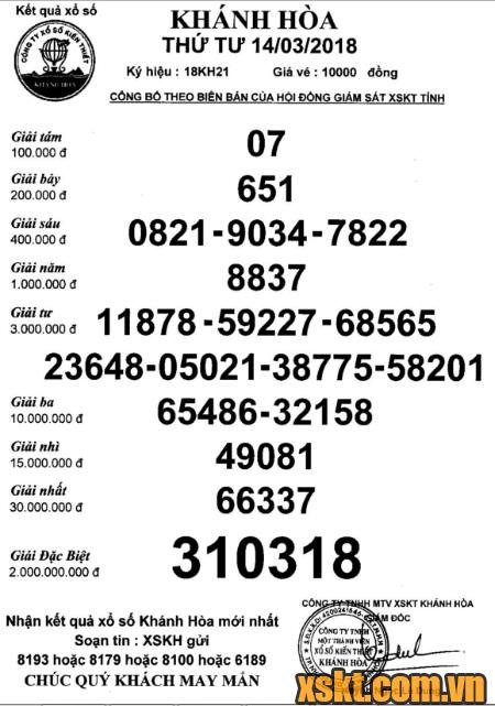 XSKH ngày 14/3/2018