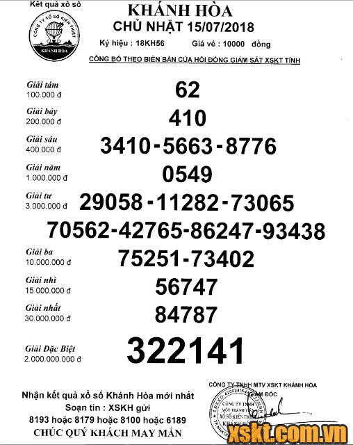 XSKH ngày 15/7/2018