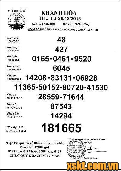 XSKH ngày 26/12/2018