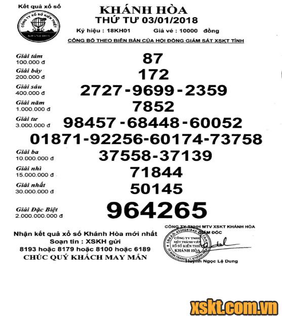 XSKH ngày 3/1/2018