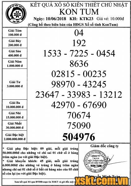 XSKT ngày 10/6/2018