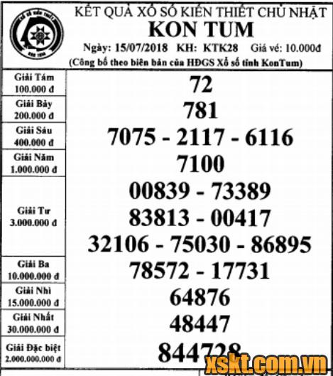XSKT ngày 15/7/2018