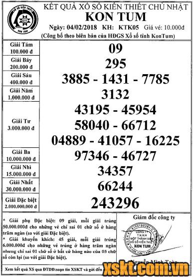 XSKT ngày 4/2/2018