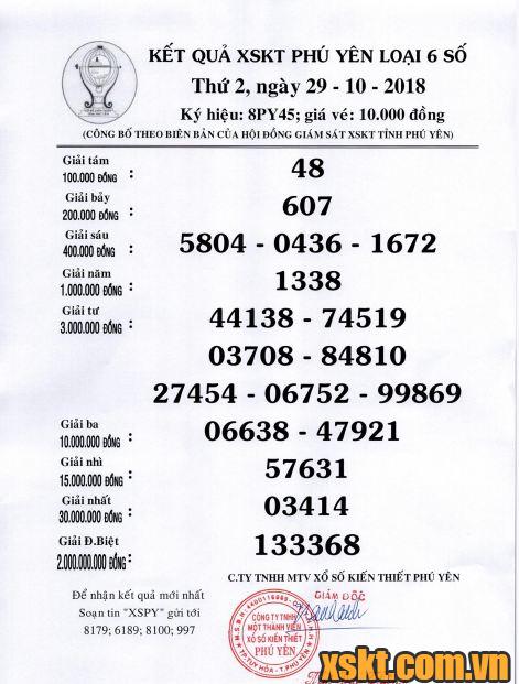 XSPY ngày 29/10/2018