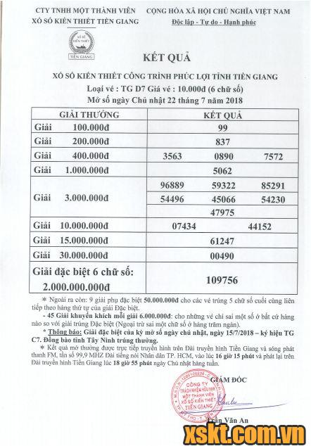 XSTG ngày 22/7/2018