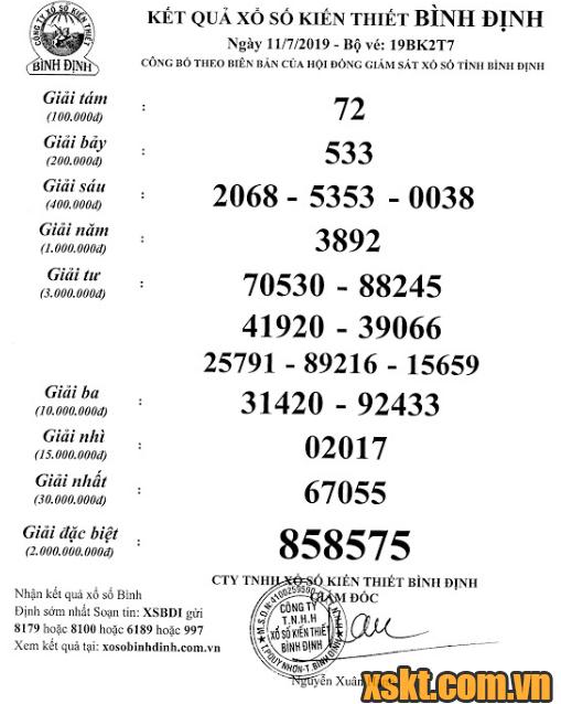 XSBDI ngày 11/7/2019