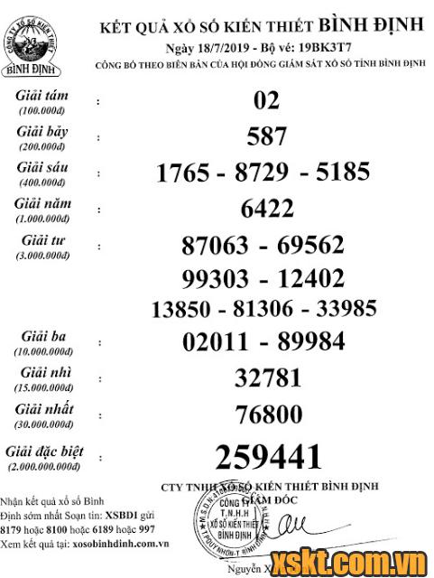 XSBDI ngày 18/7/2019