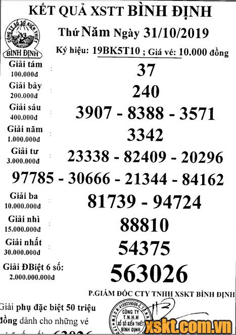 XSBDI ngày 31/10/2019