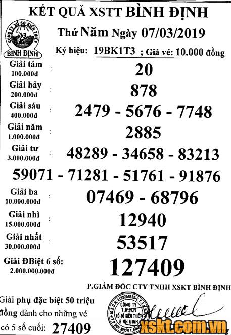 XSBDI ngày 7/3/2019