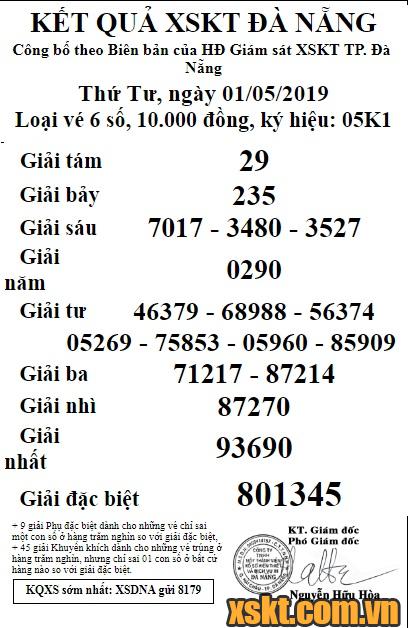 XSDNG ngày 1/5/2019