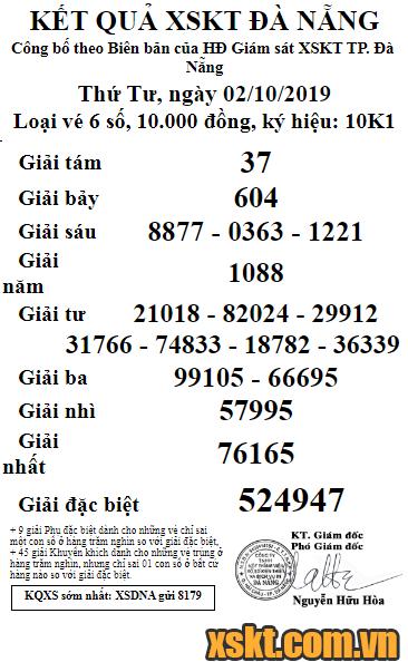 XSDNG ngày 2/10/2019
