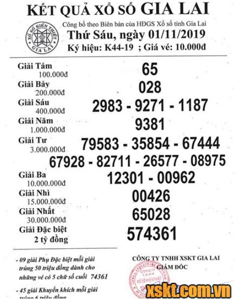 XSGL ngày 1/11/2019