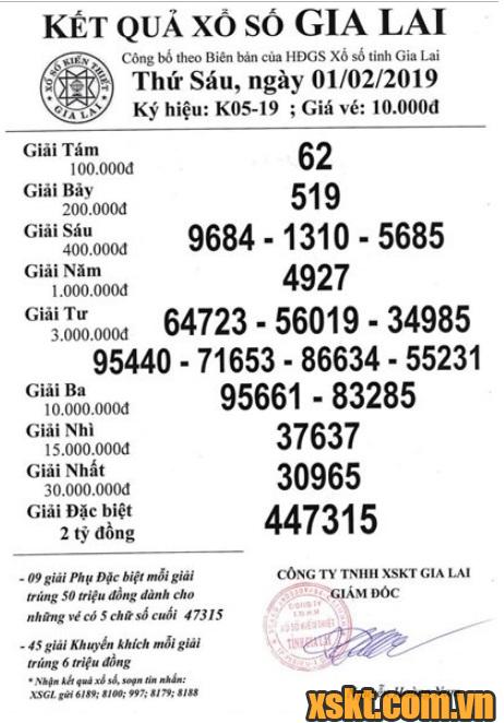 XSGL ngày 1/2/2019