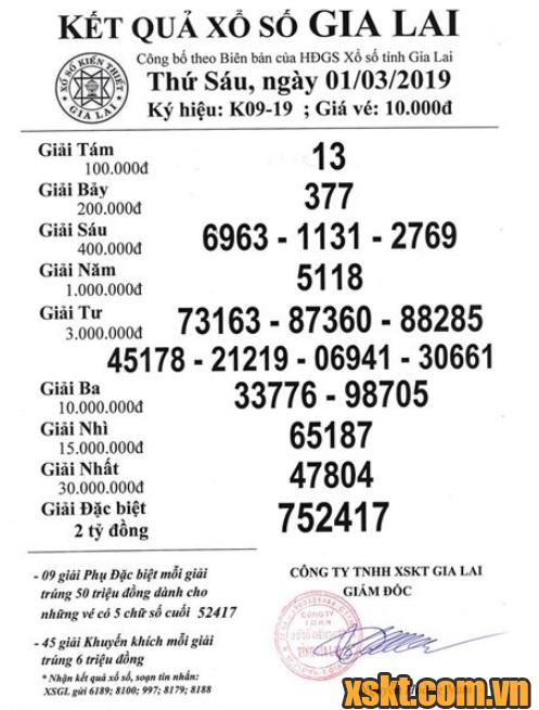XSGL ngày 1/3/2019