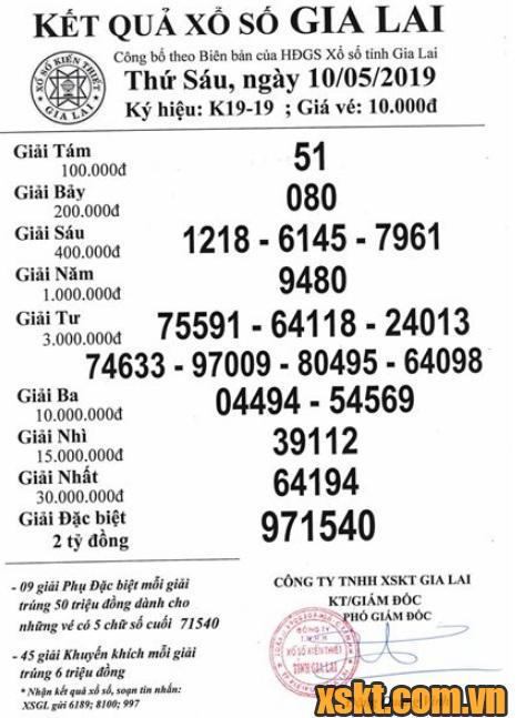 XSGL ngày 10/5/2019