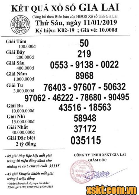XSGL ngày 11/1/2019
