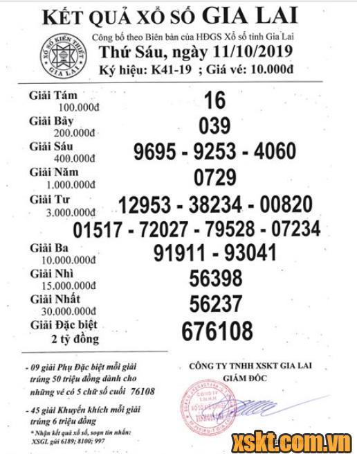 XSGL ngày 11/10/2019
