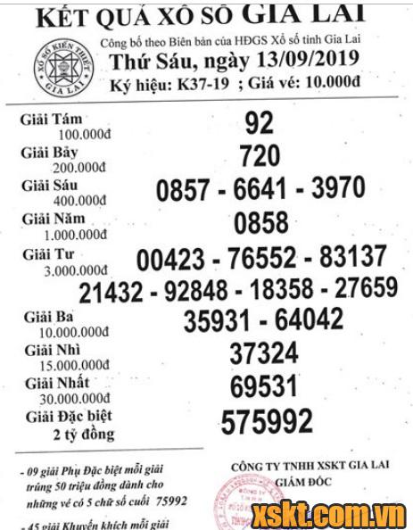 XSGL ngày 13/9/2019