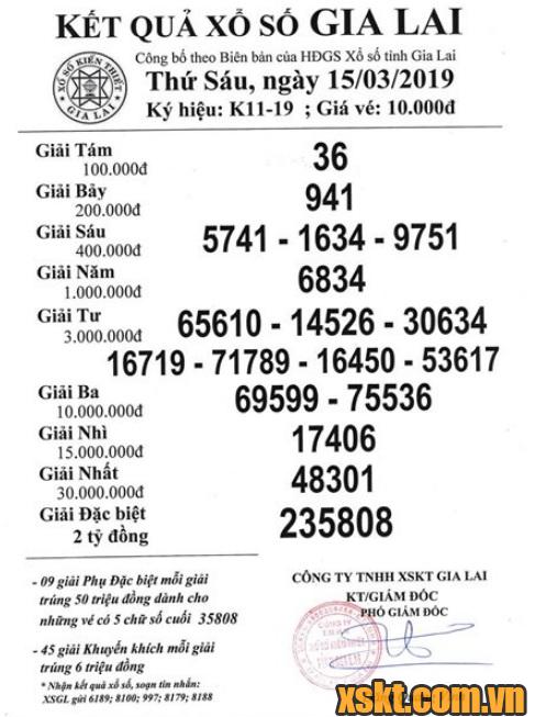XSGL ngày 15/3/2019