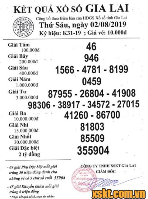 XSGL ngày 2/8/2019