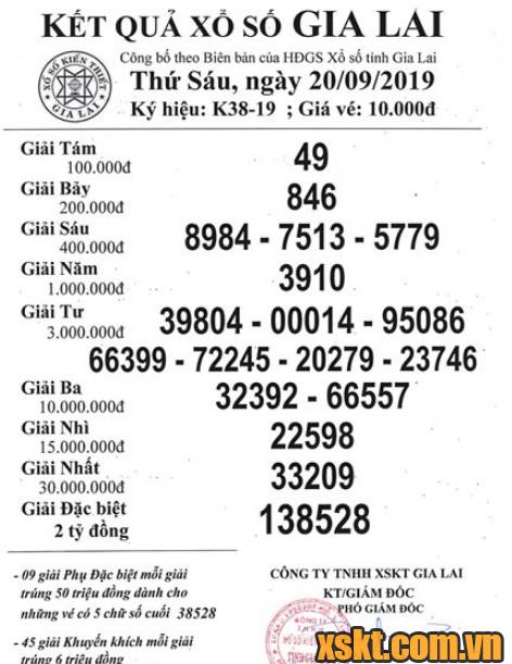 XSGL ngày 20/9/2019