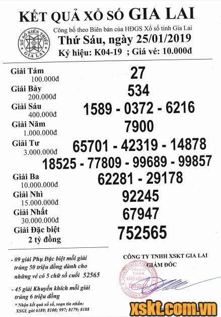 XSGL ngày 25/1/2019