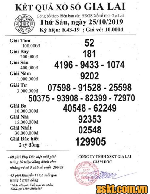 XSGL ngày 25/10/2019