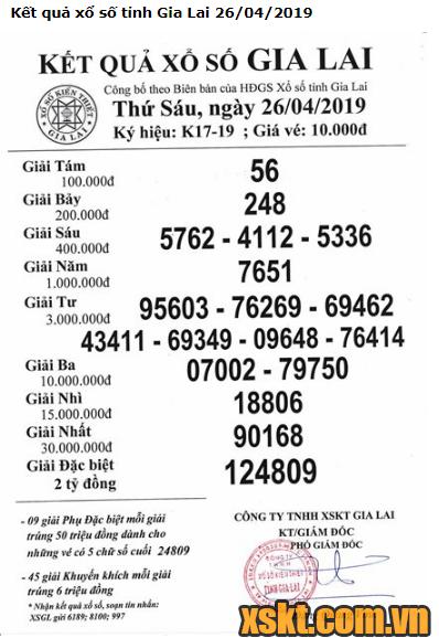 XSGL ngày 26/4/2019