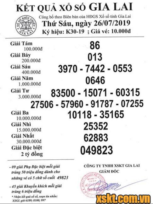 XSGL ngày 26/7/2019