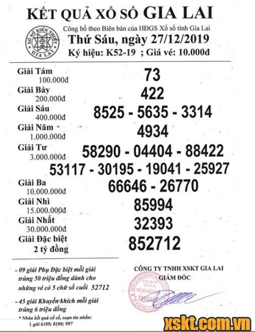 XSGL ngày 27/12/2019
