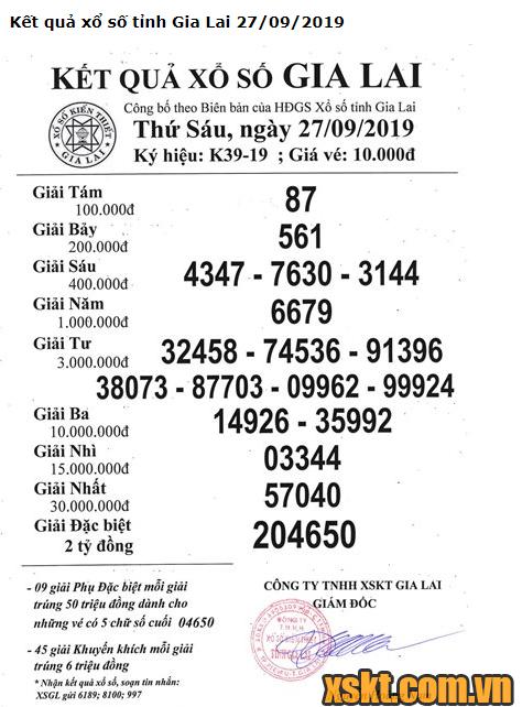 XSGL ngày 27/9/2019