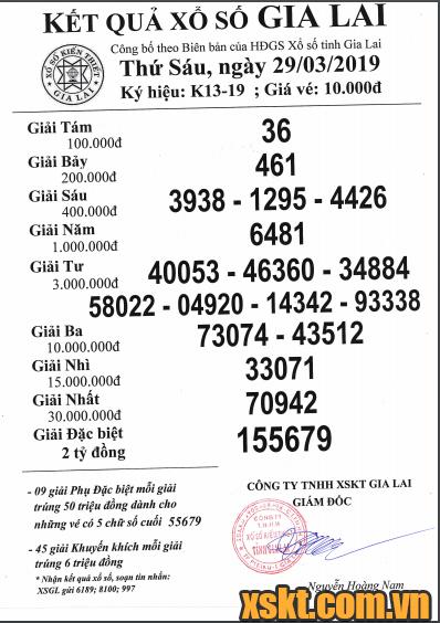 XSGL ngày 29/3/2019