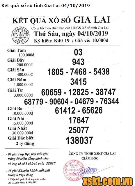 XSGL ngày 4/10/2019