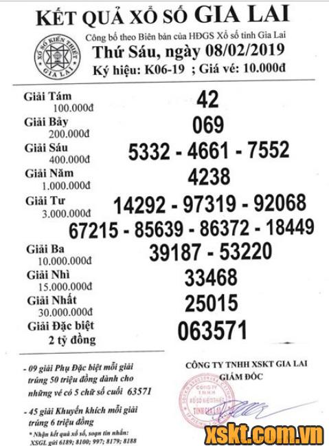 XSGL ngày 8/2/2019