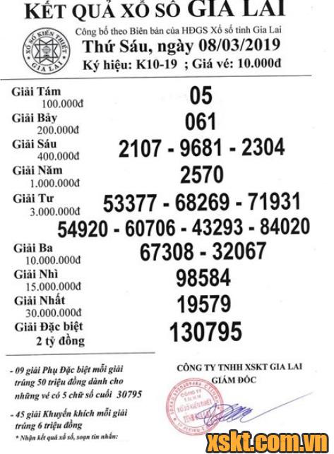 XSGL ngày 8/3/2019