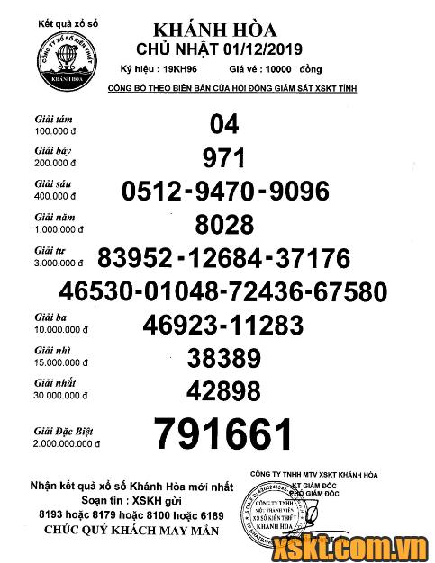 XSKH ngày 1/12/2019